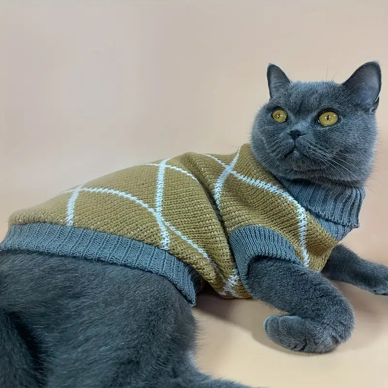 CozyChic Khaki Diamond Pattern Pet Sweater