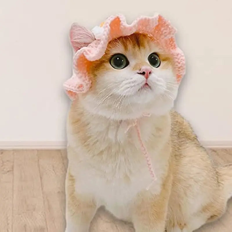 Cozy Pink Flower Cat Hat