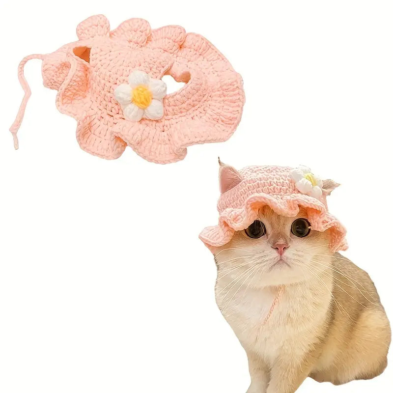 Cozy Pink Flower Cat Hat
