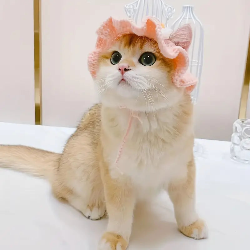 Cozy Pink Flower Cat Hat
