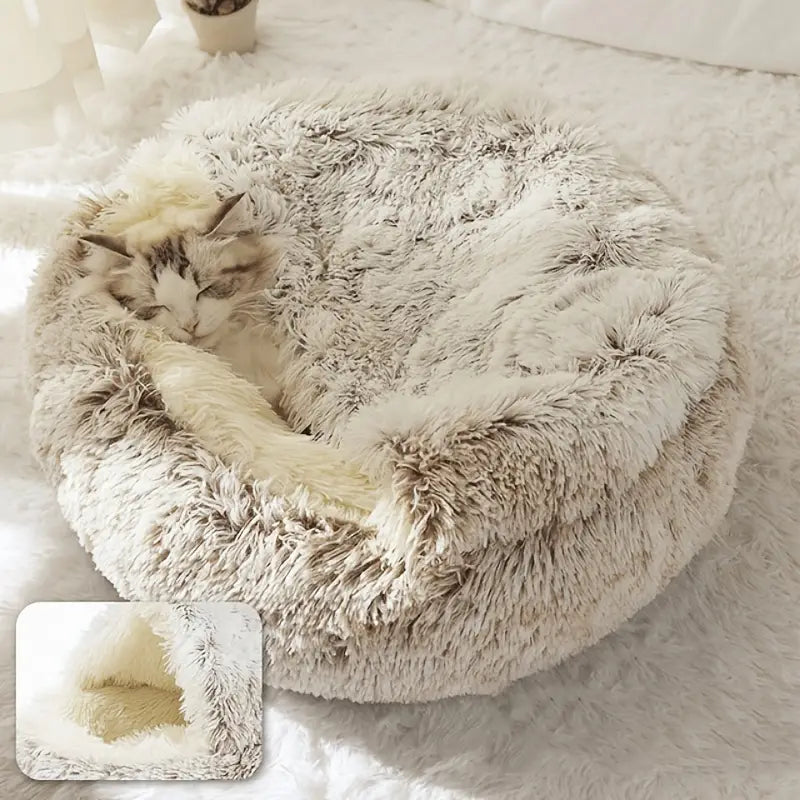 Plush Round Hooded Pet Bed