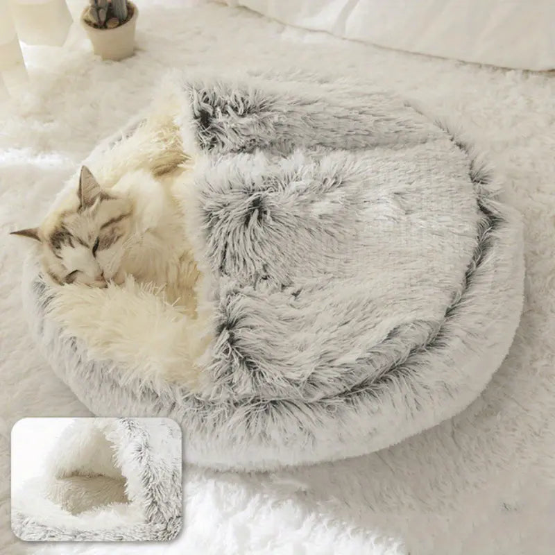 Plush Round Hooded Pet Bed