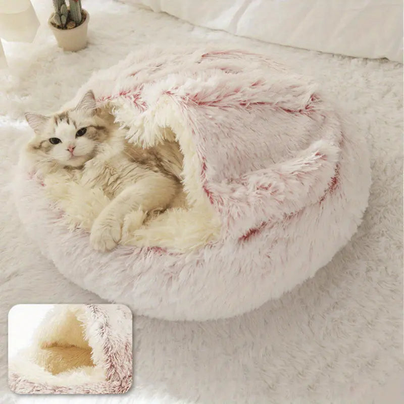 Plush Round Hooded Pet Bed