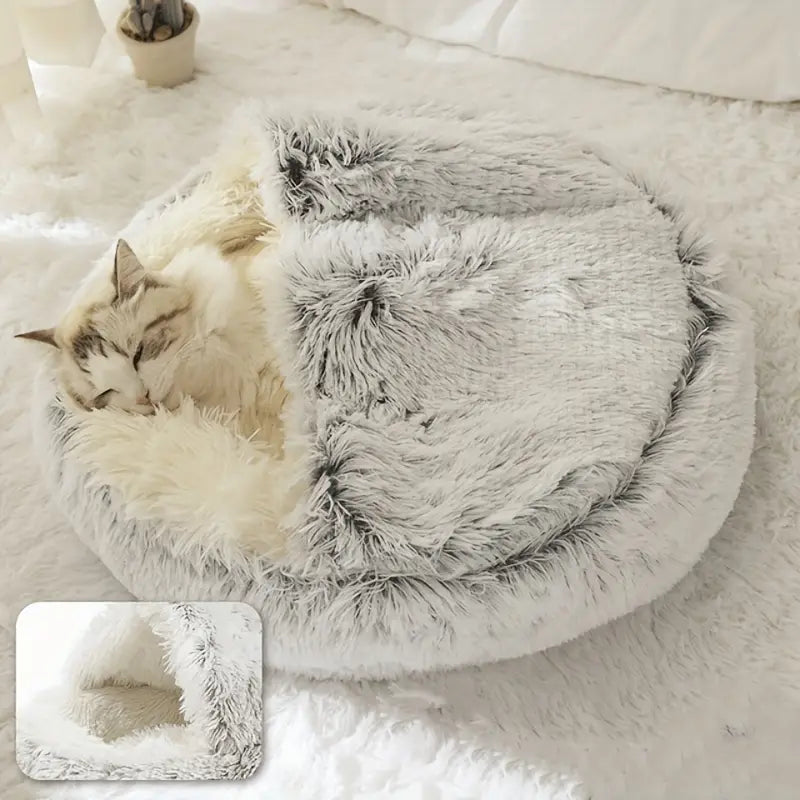 Plush Round Hooded Pet Bed