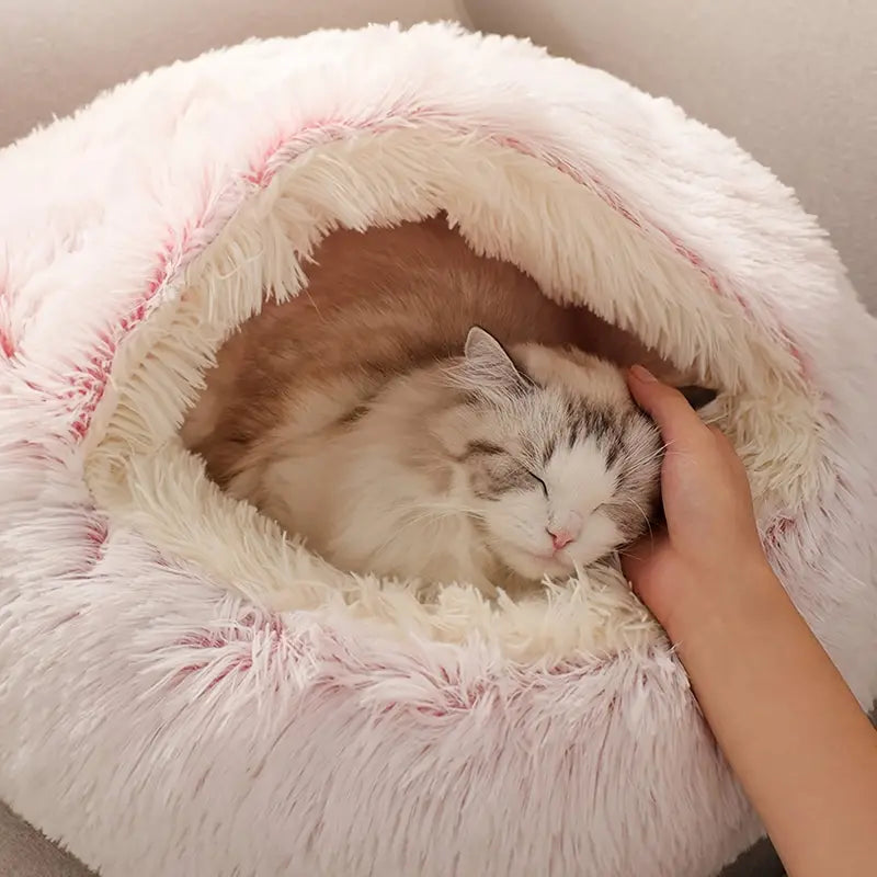 Plush Round Hooded Pet Bed