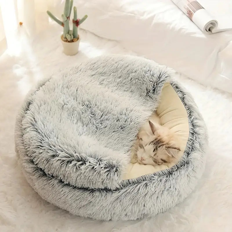 Plush Round Hooded Pet Bed